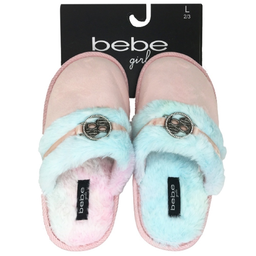 Bebe Faux Fluffy Barbiecore Fur Rainbow Tie Dye Slip on Slippers Shoes Girls NIP